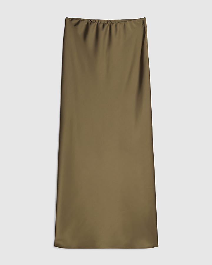 Khaki Satin Bias Maxi Skirt