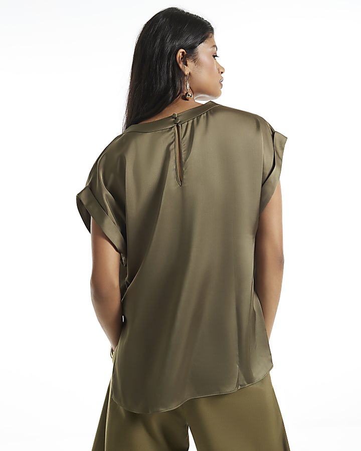 Khaki Satin Turn Back Cuff Blouse