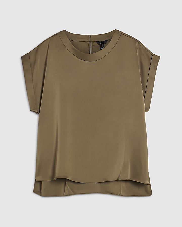Khaki Satin Turn Back Cuff Blouse