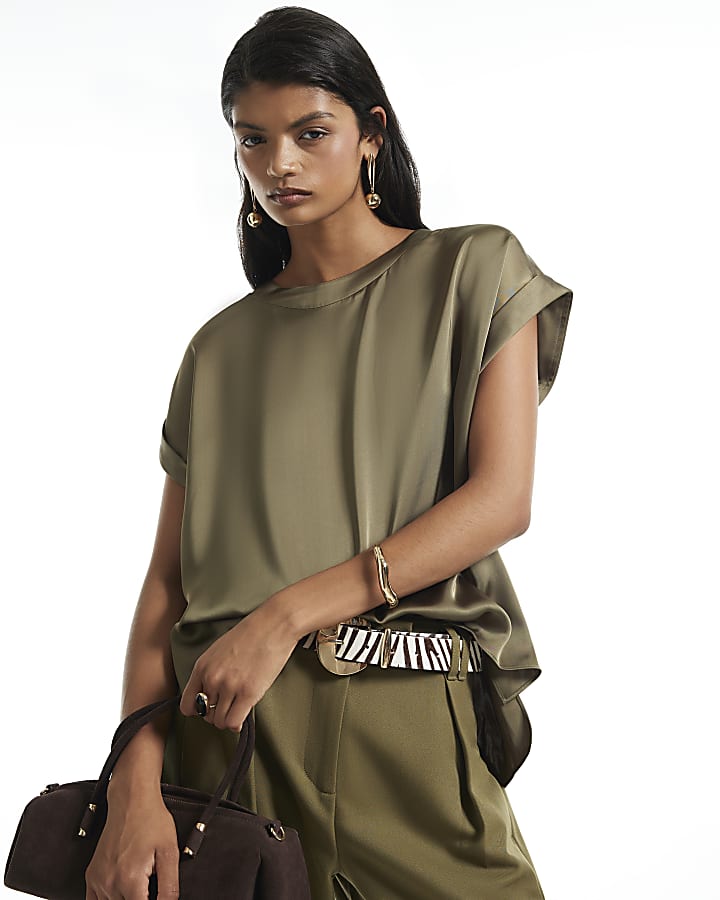 Khaki Satin Turn Back Cuff Blouse