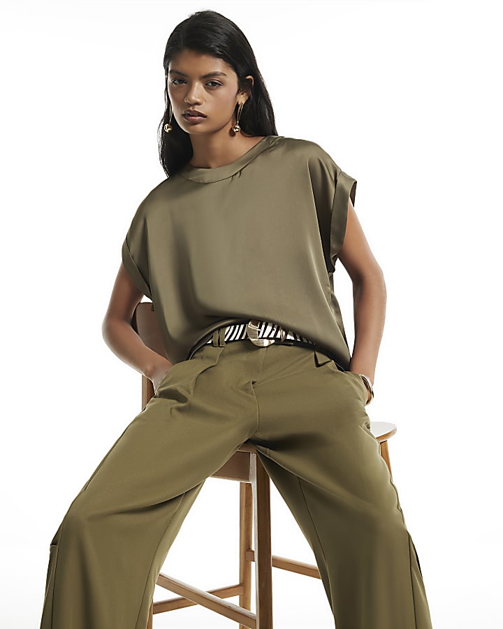 Khaki Satin Turn Back Cuff Blouse