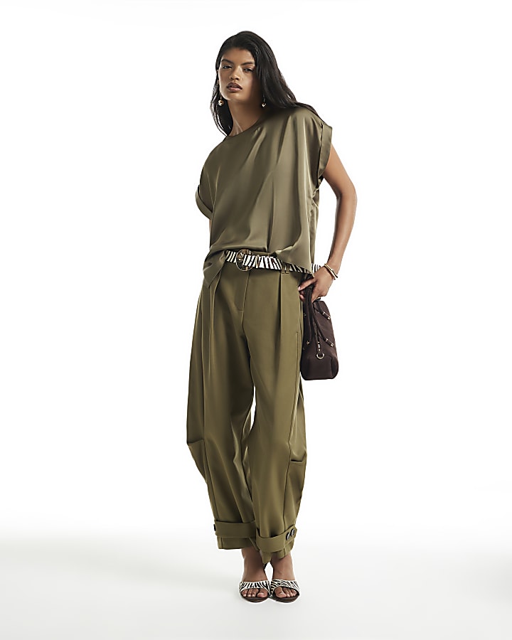Khaki Satin Turn Back Cuff Blouse