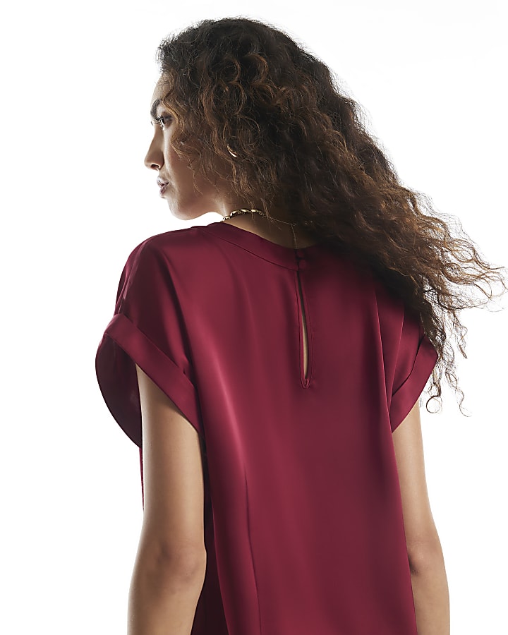 Red Satin Turn Back Cuff Blouse