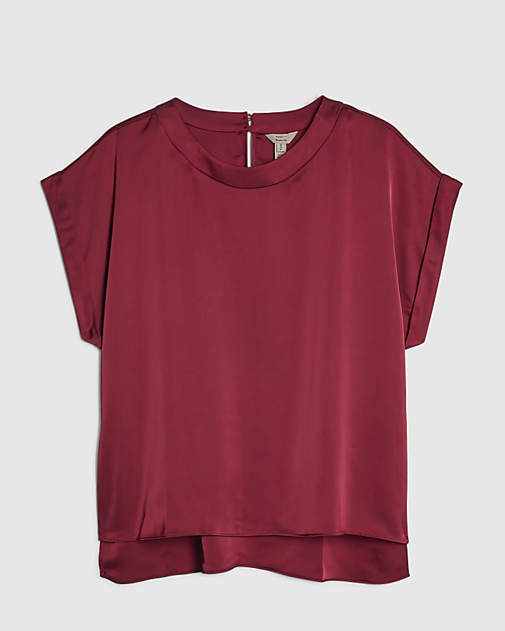 Red Satin Turn Back Cuff Blouse