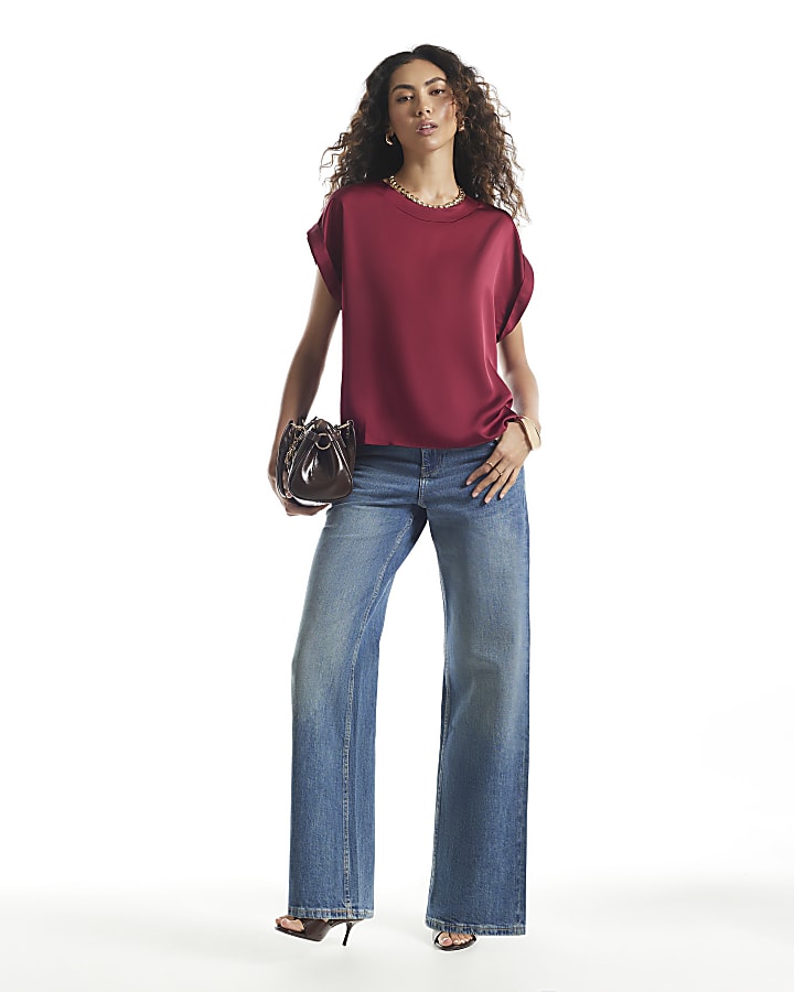 Red Satin Turn Back Cuff Blouse