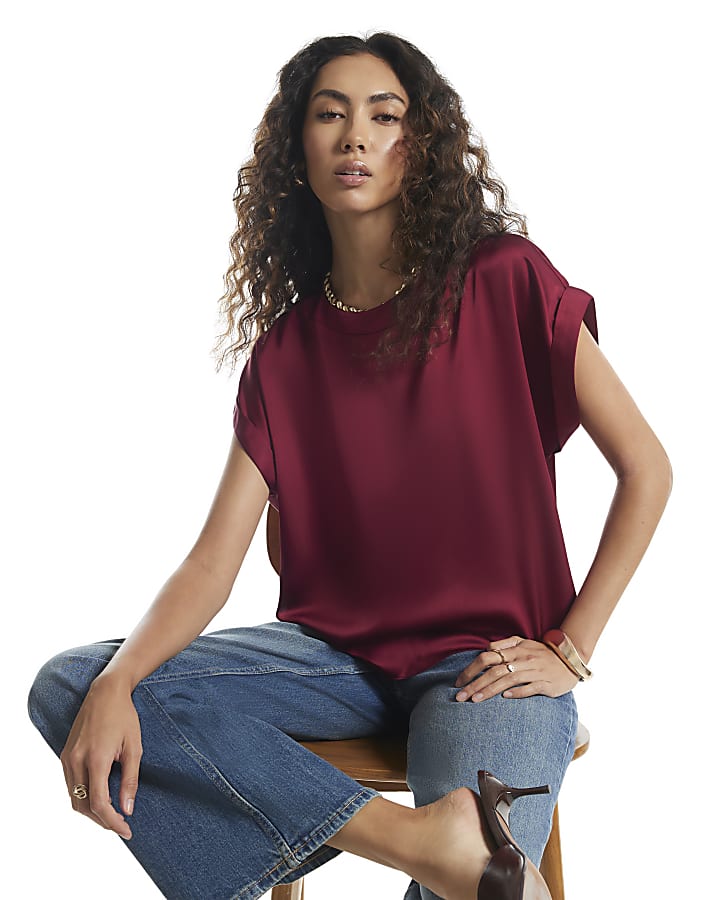 Red Satin Turn Back Cuff Blouse