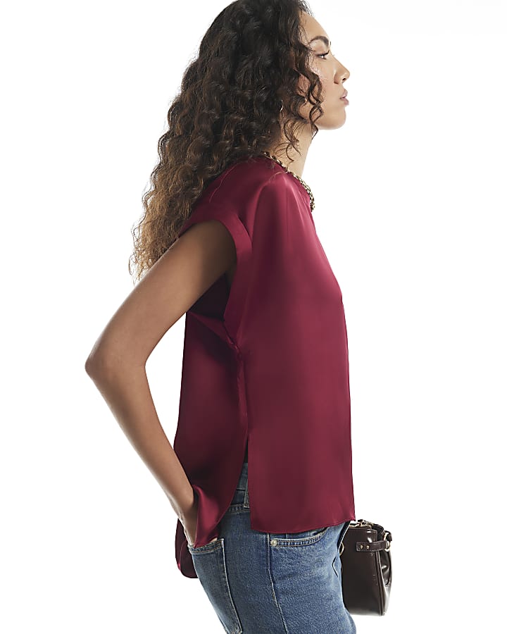 Red Satin Turn Back Cuff Blouse