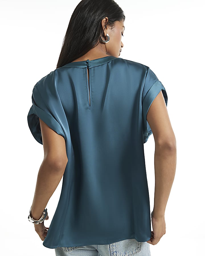 Blue Satin Turn Back Cuff Blouse