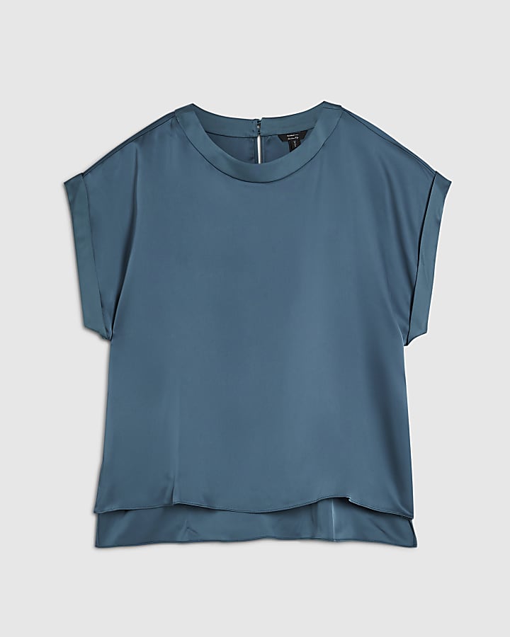 Blue Satin Turn Back Cuff Blouse