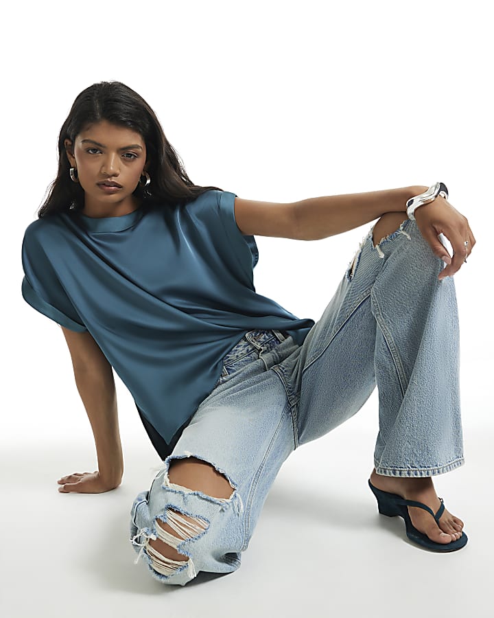 Blue Satin Turn Back Cuff Blouse