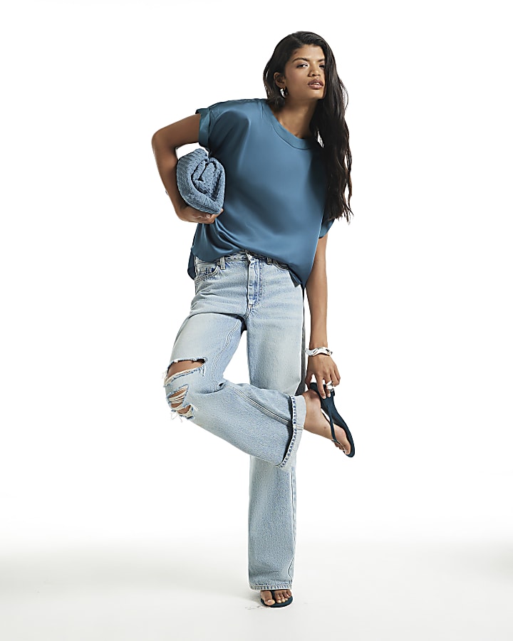 Blue Satin Turn Back Cuff Blouse