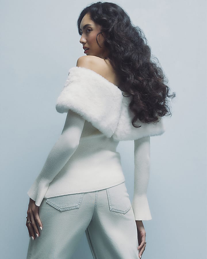 Cream Bardot Faux Fur Trim Knit Top