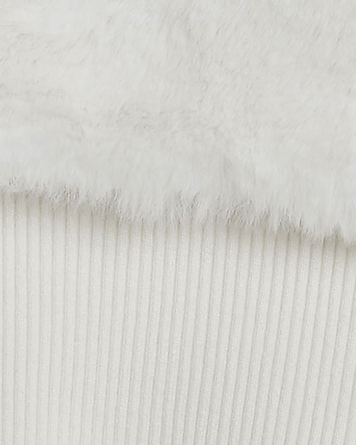 Cream Bardot Faux Fur Trim Knit Top