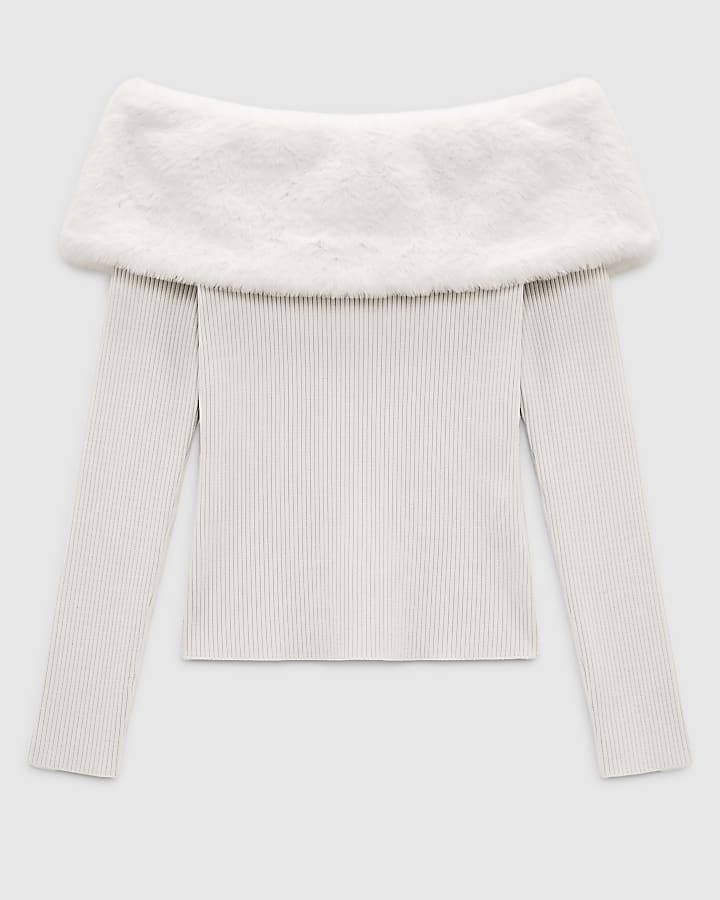 Cream Bardot Faux Fur Trim Knit Top