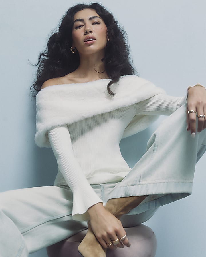 Cream Bardot Faux Fur Trim Knit Top