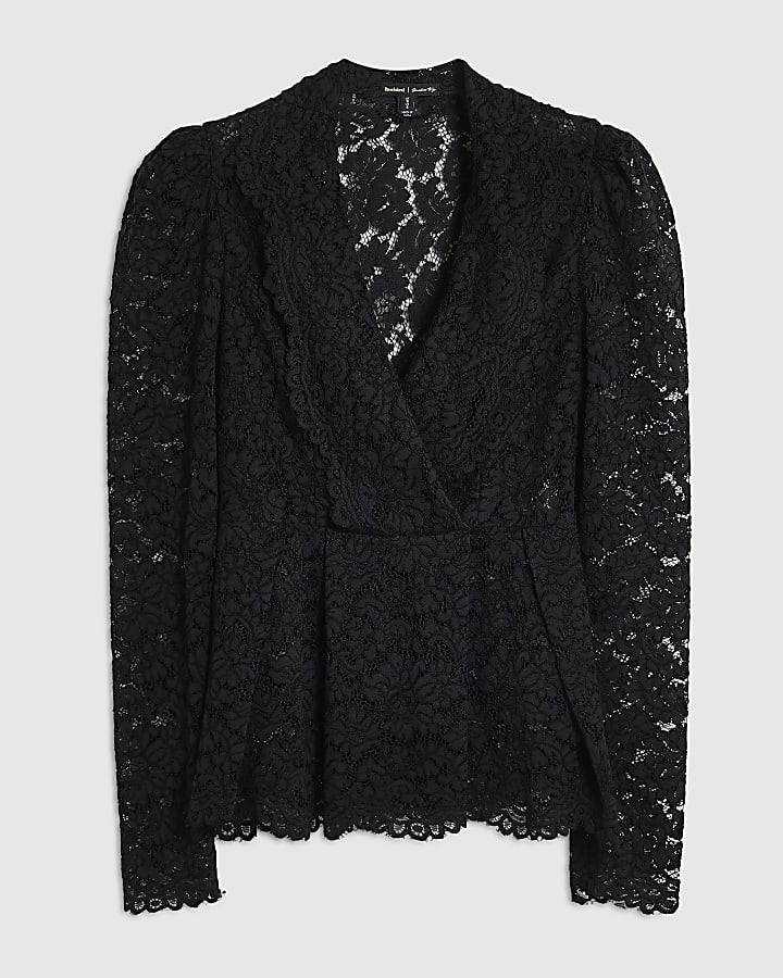 Black Lace V Neck Peplum Top