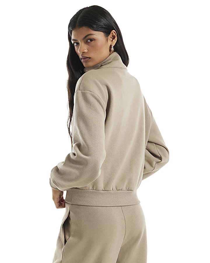 Beige Long Sleeve Frogging Zip Sweatshirt