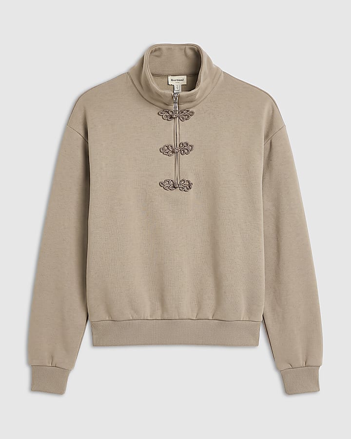 Beige Long Sleeve Frogging Zip Sweatshirt