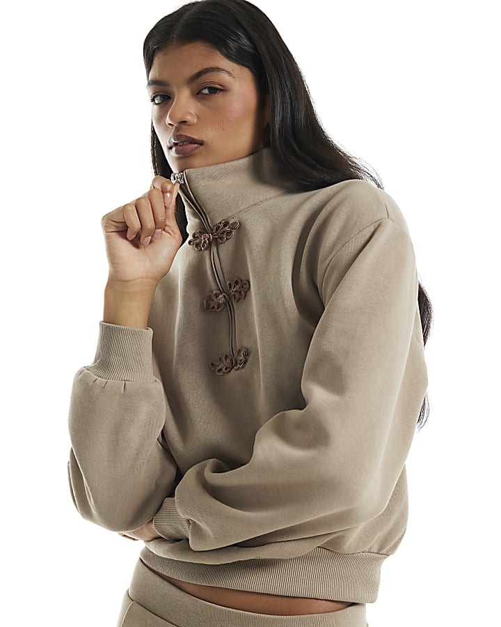 Beige Long Sleeve Frogging Zip Sweatshirt