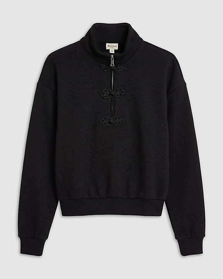 Black Long Sleeve Frogging Zip Sweatshirt