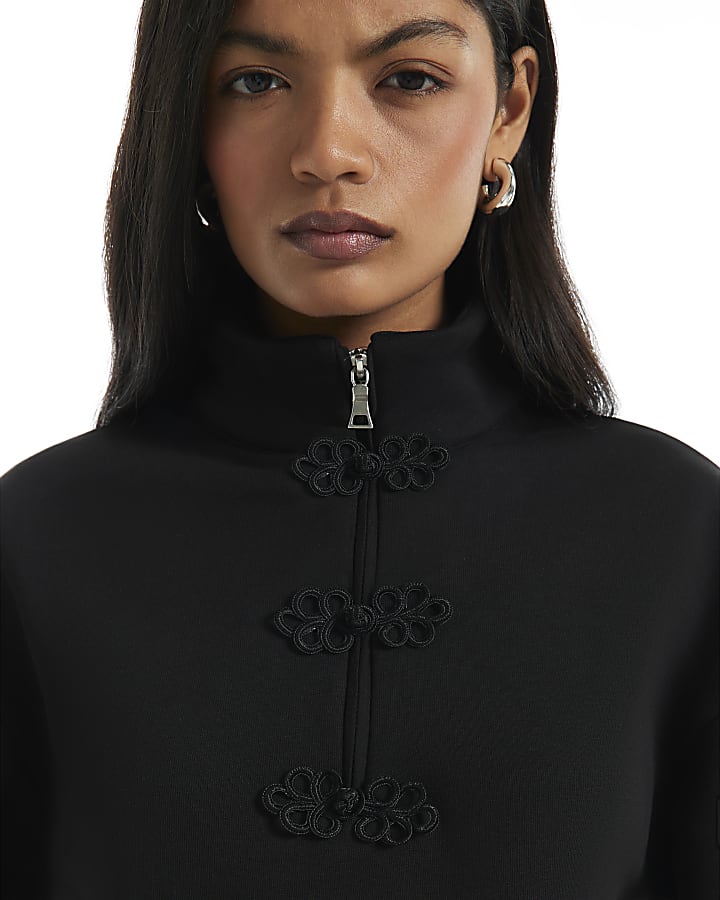Black Long Sleeve Frogging Zip Sweatshirt