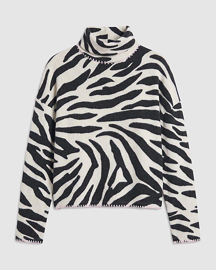 Cream Zebra Print High Neck Long Sleeve Top