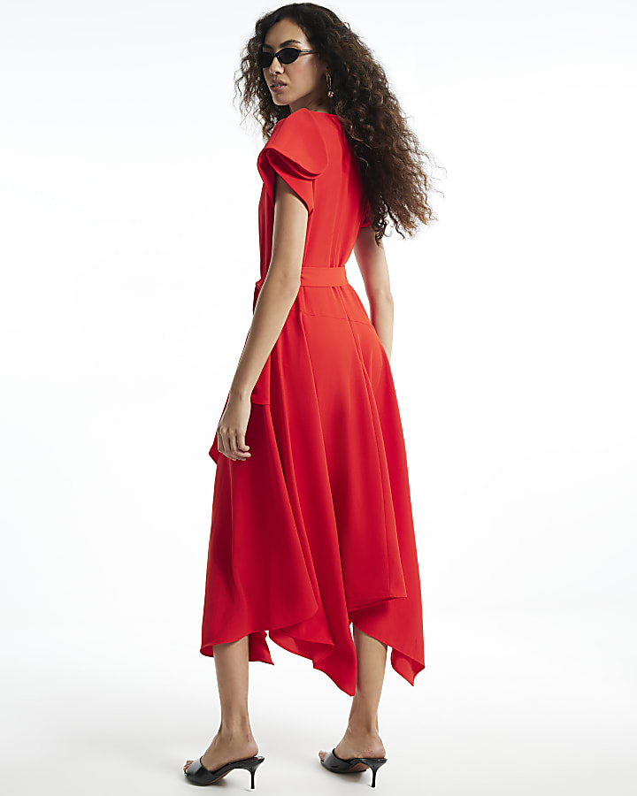 Red Wrap Style Hanky Hem Midi Dress