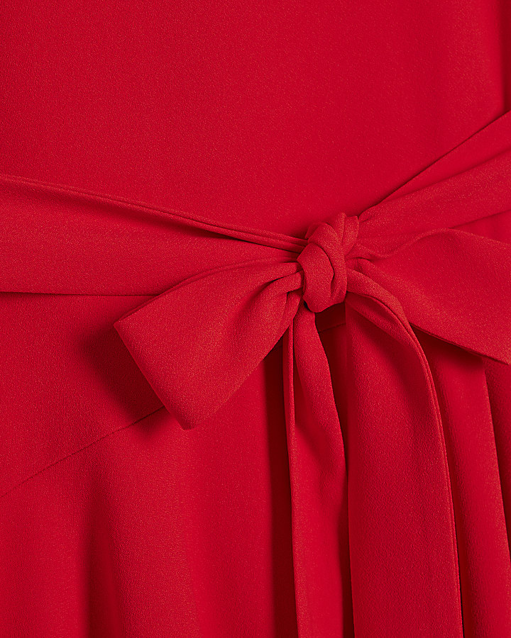 Red Wrap Style Hanky Hem Midi Dress