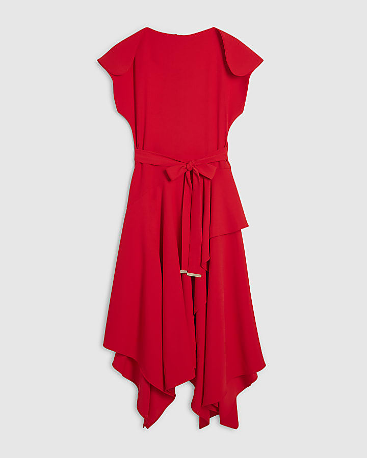 Red Wrap Style Hanky Hem Midi Dress