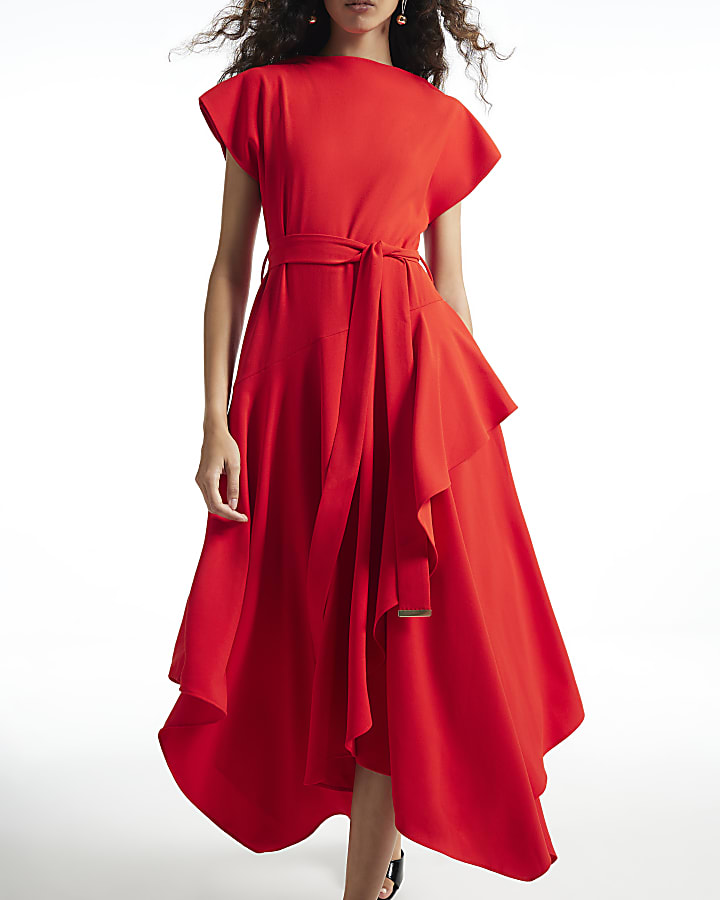 Red Wrap Style Hanky Hem Midi Dress