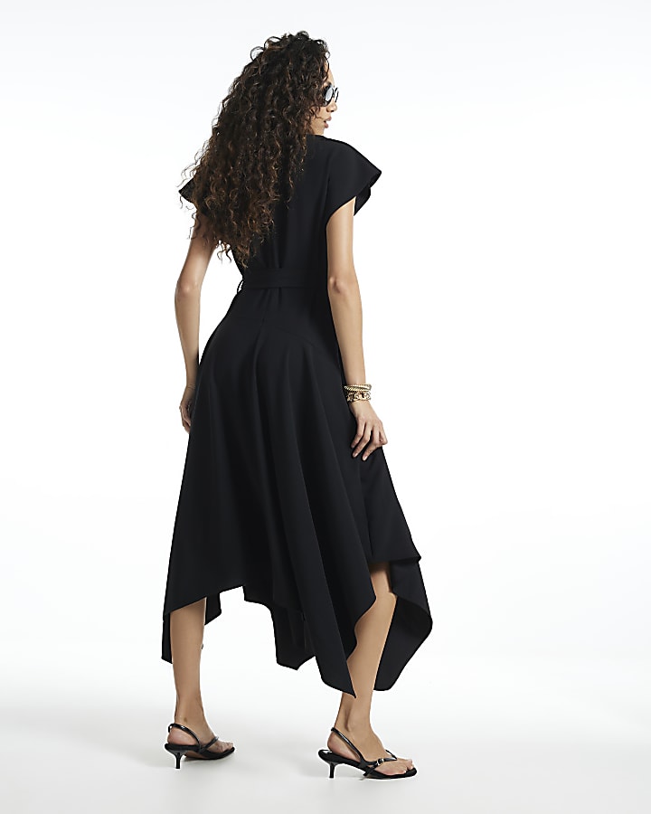 Black Wrap Style Hanky Hem Midi Dress
