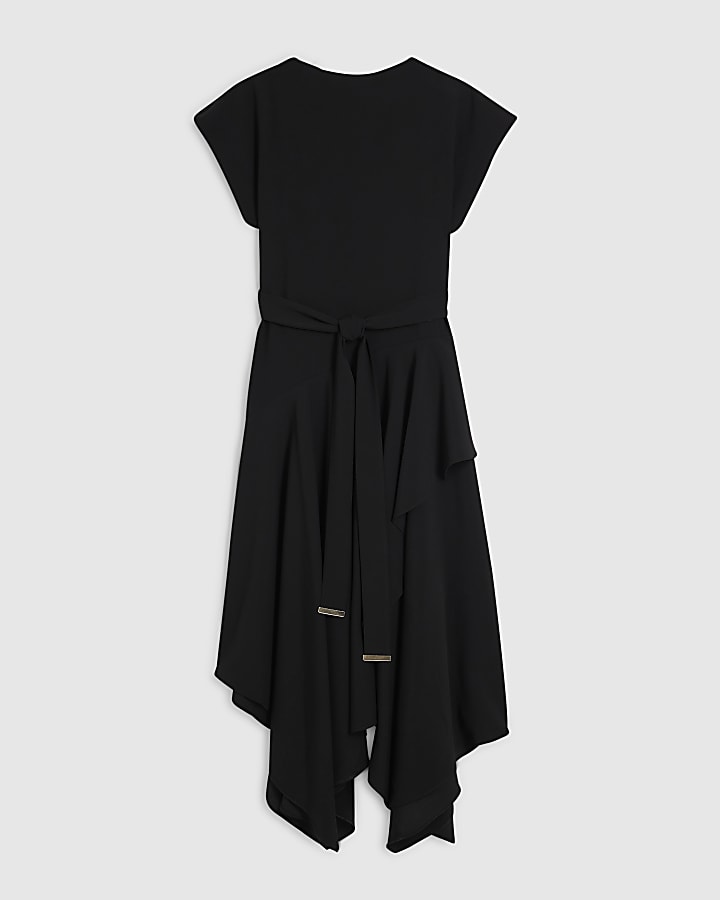 Black Wrap Style Hanky Hem Midi Dress