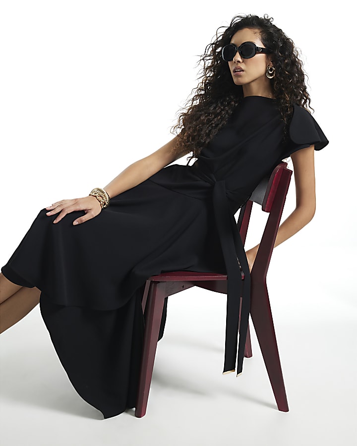 Black Wrap Style Hanky Hem Midi Dress