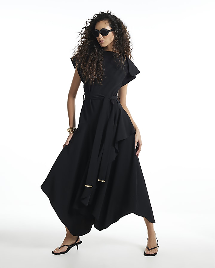 Black Wrap Style Hanky Hem Midi Dress