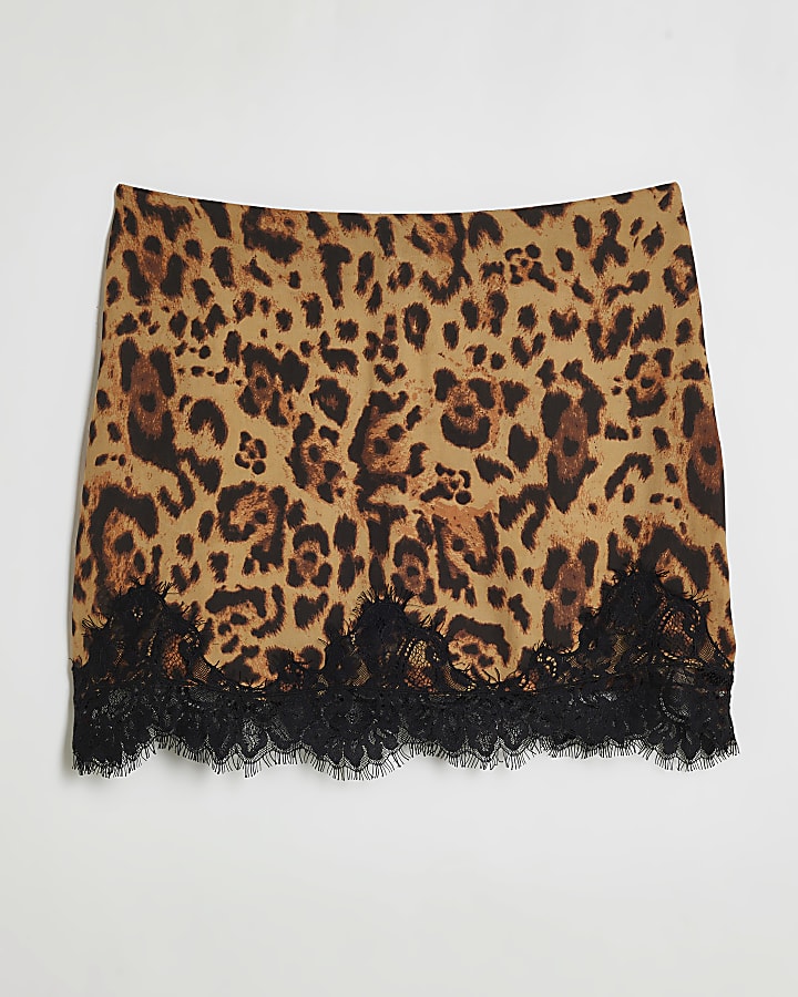 Petite Brown Leopard Print Lace Mini Skirt