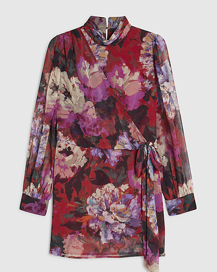 Petite Red Floral Drape Tie Side Mini Dress