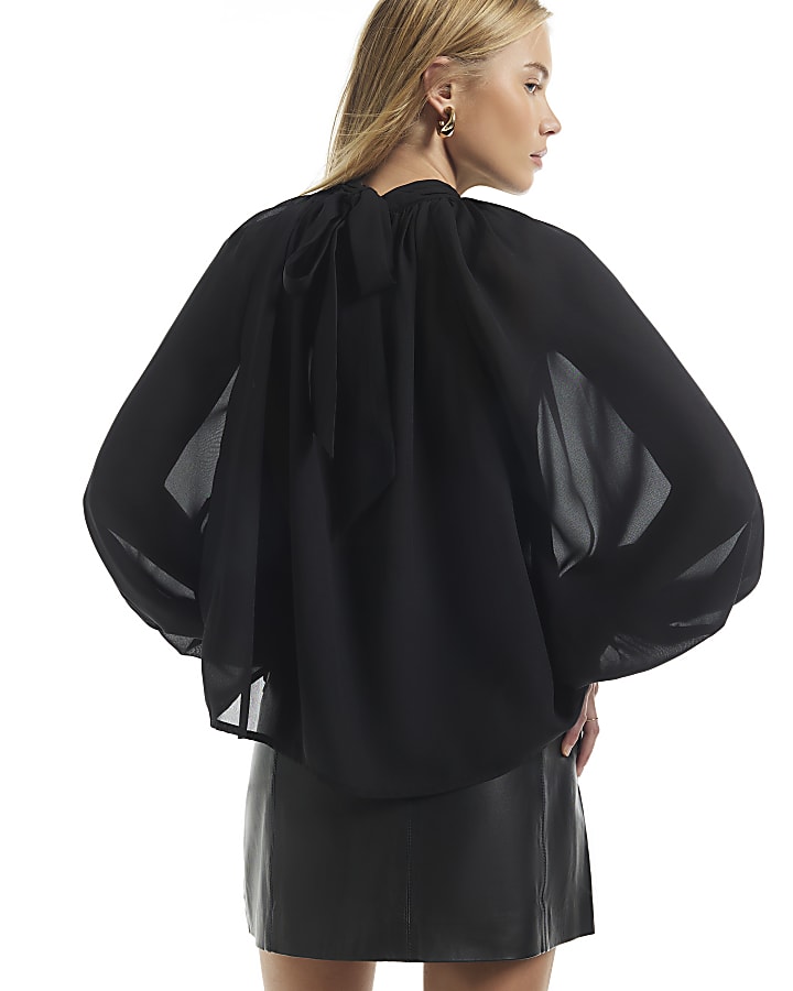 Black Funnel Neck Sheer Top