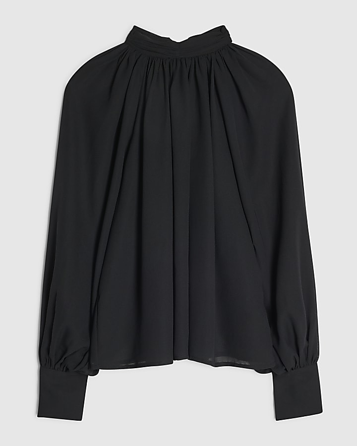 Black Funnel Neck Sheer Top