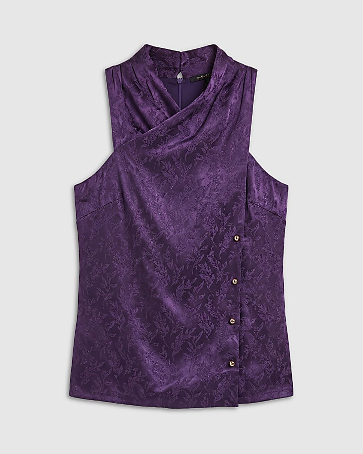 Purple Satin Jacquard Button Wrap Top