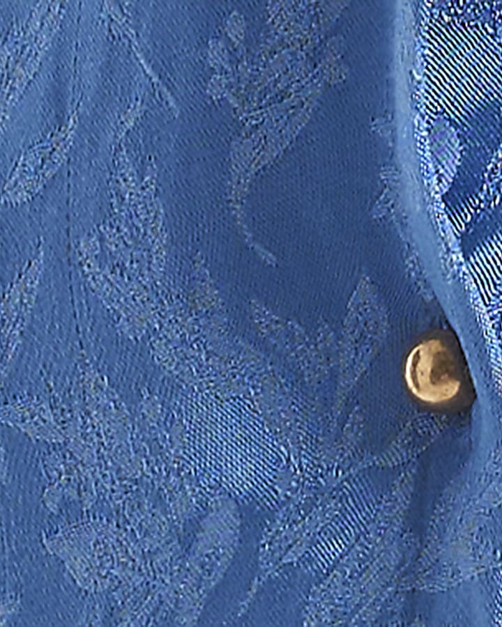 Blue Satin Jacquard Button Wrap Top