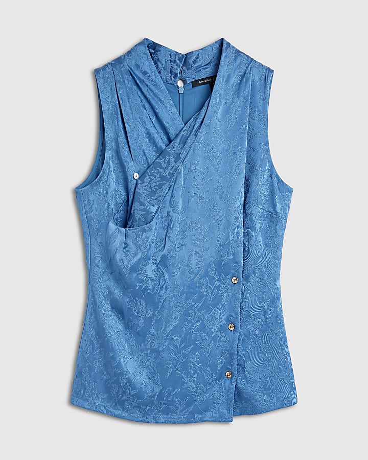 Blue Satin Jacquard Button Wrap Top