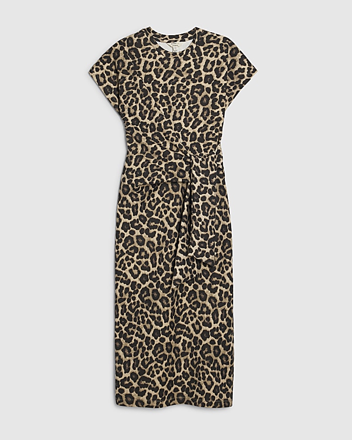 Brown Premium Leopard Print Tie Midi Dress