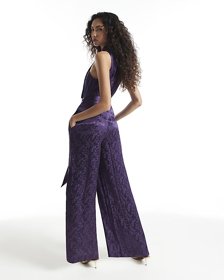 Purple Satin Jacquard Wrap Jumpsuit