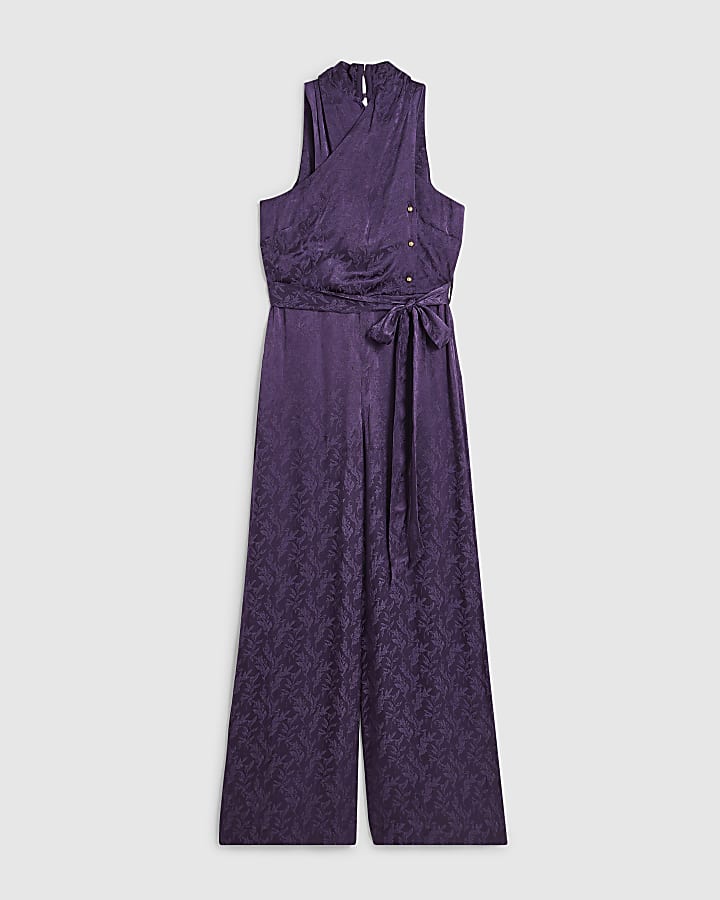 Purple Satin Jacquard Wrap Jumpsuit