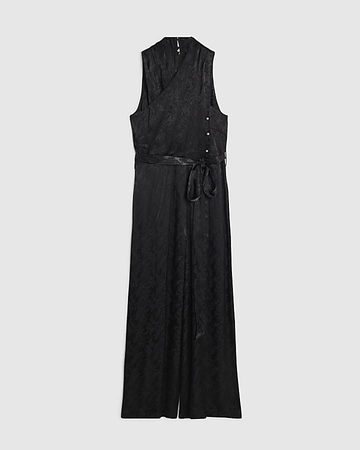Petite Black Satin Jacquard Jumpsuit