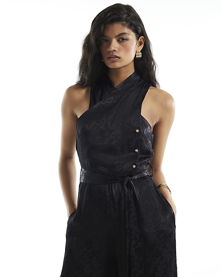 Black Satin Jacquard Jumpsuit