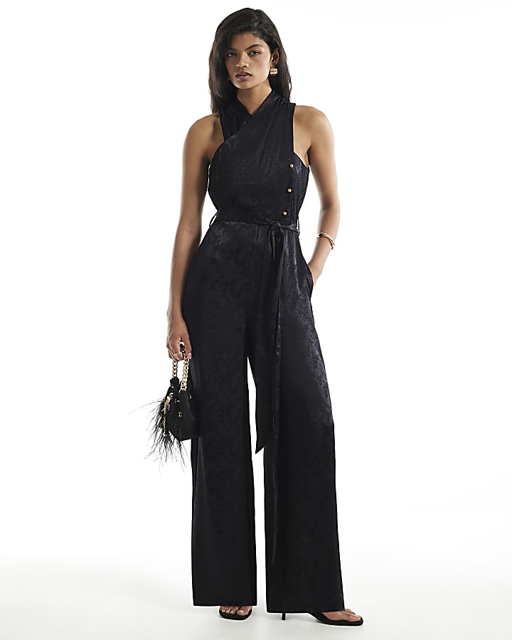 Black Satin Jacquard Jumpsuit