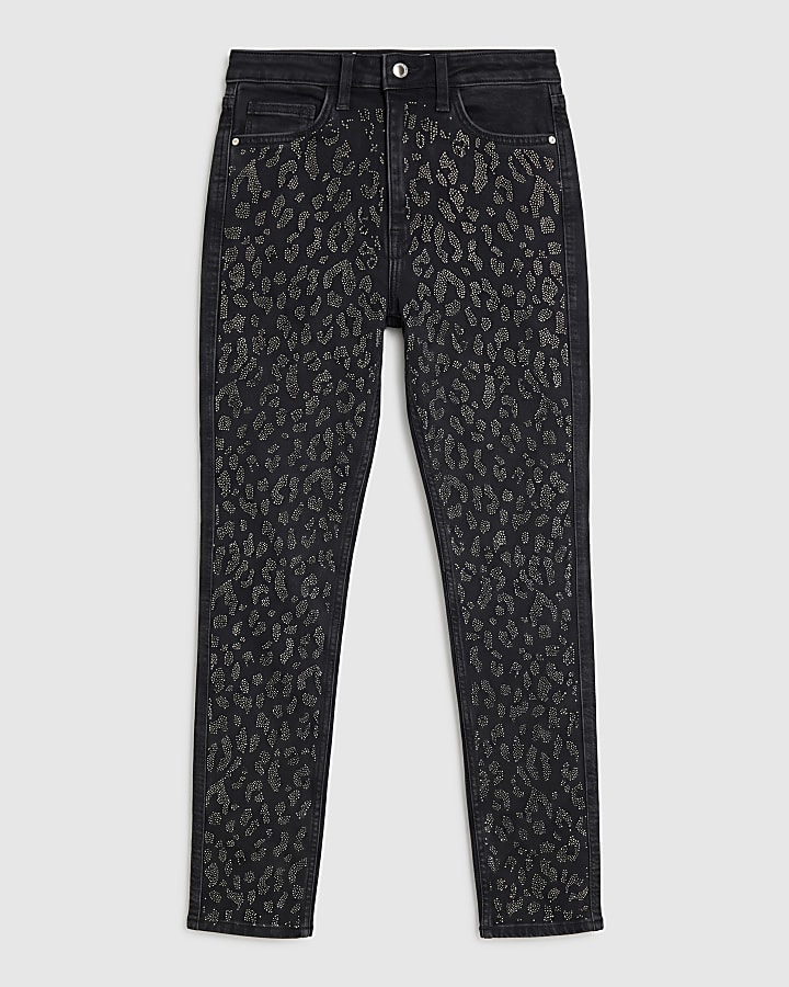 Black Leopard Diamante Cigarette Jeans