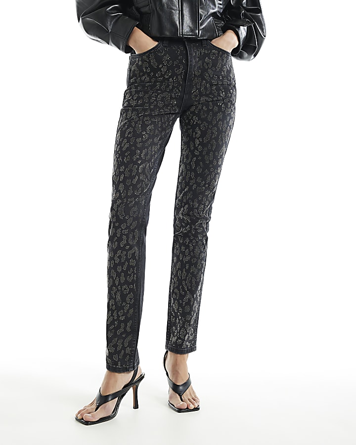 Black Leopard Diamante Cigarette Jeans