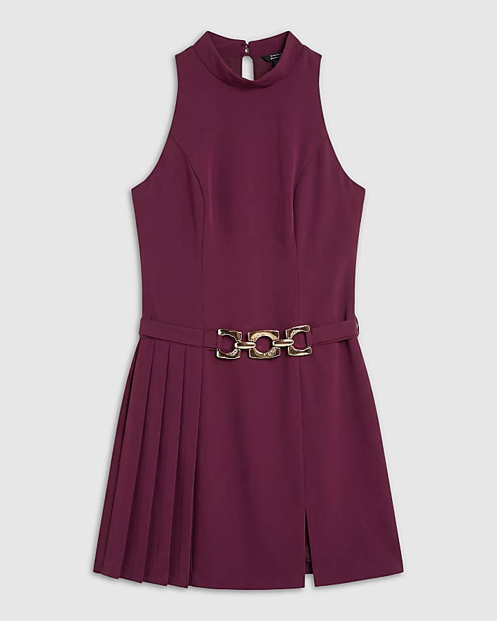 Burgundy Pleated Gold Buckle Mini Dress